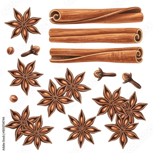Hand-drawn watercolor illustration of brown cinnamon sticks, star anise, cloves, and seeds, neatly arranged on a transparent background with copy space, flat lay. Concept of culinary spices