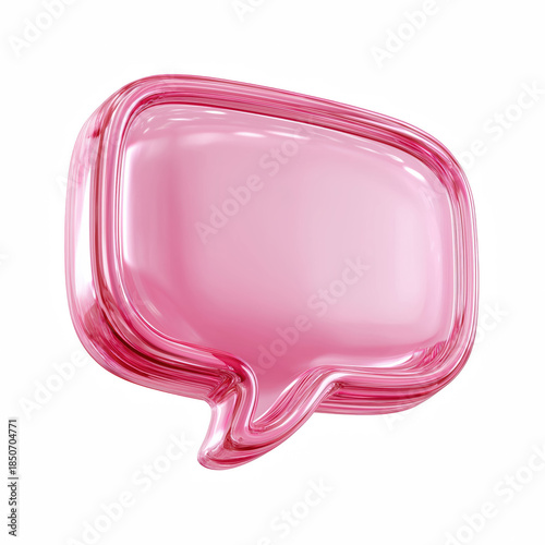 3D pink glossy chat bubble icon, rounded speech message box isolated on transparent background.
