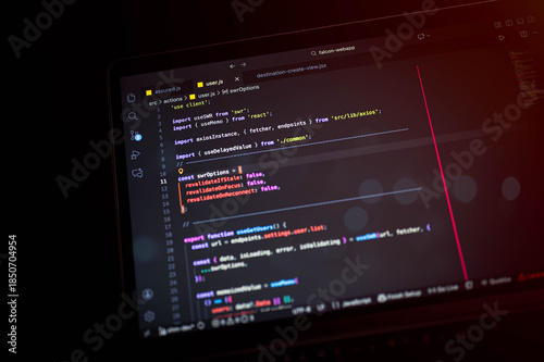 Close-up of JavaScript code on a laptop screen using React and Axios in a dark theme IDE environment, representing modern web development and programming concepts.