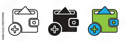 Versatile wallet icon set featuring line, glyph, and flat color styles with a plus sign for digital payment or savings