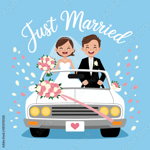 A joyful newlywed couple smiles brightly as they drive away in a decorated car, embodying happiness and celebration on their special day with a beautiful backdrop.