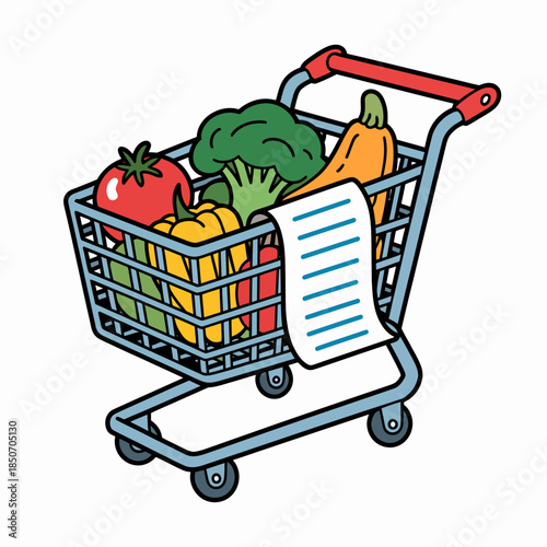 An open grocery cart brimming with vibrant vegetables including tomatoes, broccoli, and peppers, symbolizing healthy eating and fresh produce for a nutritious lifestyle.