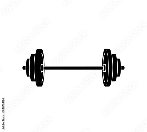 A simple black and white illustration depicting a standard barbell with weight plates on each side