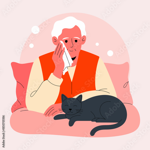 An elderly man sits thoughtfully with a handkerchief, accompanied by a black cat, representing companionship and comfort in moments of contemplation or sadness.