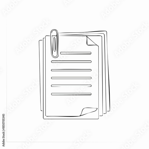 One line drawing of isolated vector object, papers with paper clip