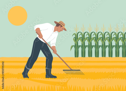 A picturesque scene of a farmer tending to golden wheat fields under the warm sun, conveying hard work and connection to nature in agricultural life.