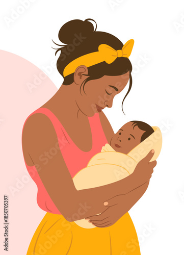 This heartwarming illustration depicts a mother lovingly cradling her baby, showcasing the beauty of maternal bonds, tenderness, and affection in a soft and caring manner.