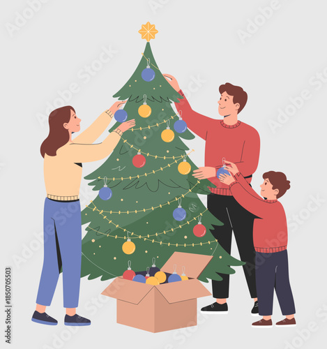 A joyful family gathered around to decorate a Christmas tree signifies togetherness and the spirit of the holidays, showcasing familial love and cherished traditions.