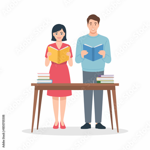 A cheerful illustration of a man and woman reading books together at a wooden table, surrounded by various other books, showcasing a love for literature and learning.