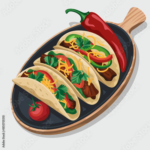 Sizzling tacos filled with various ingredients, garnished with fresh herbs and served on a wooden platter, representing an enticing culinary experience to delight food lovers.