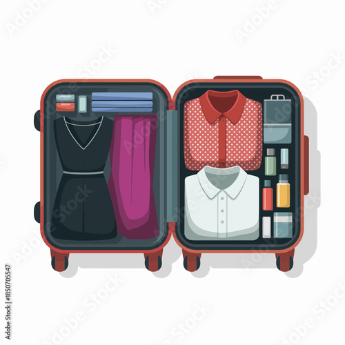 A fashionable suitcase opens to reveal an organized selection of clothes and accessories, perfect for a stylish vacation or weekend getaway, showcasing practicality and style.