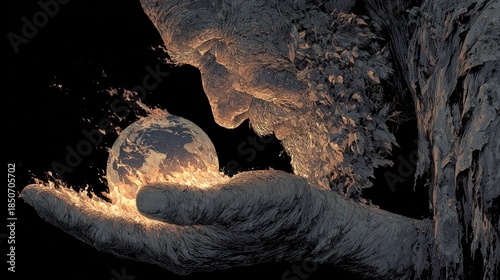 Stone figure holds burning Earth, flames erupt, dark background