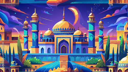 Illuminated mosque under the crescent moon