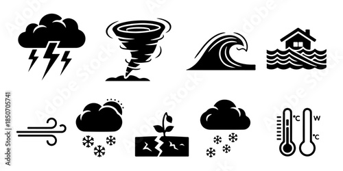 Vector icons illustrating natural disasters and extreme weather conditions like storms, floods, drought, and temperature variations for climate awareness
