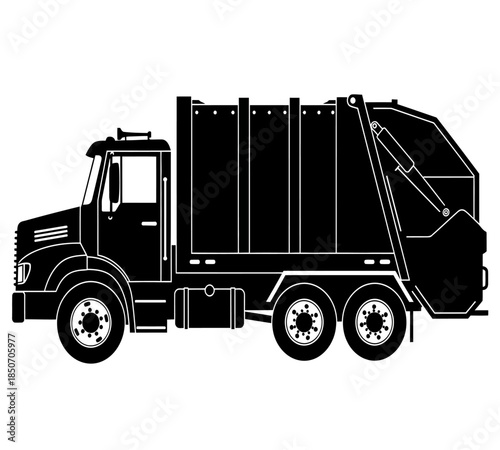 A detailed black and white silhouette of a large garbage truck showcasing its industrial design and functionality