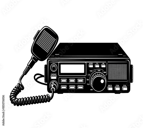 A detailed illustration of a vintage two way radio with a handheld microphone showcasing communication technology