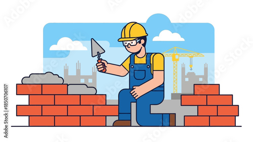 Construction worker laying bricks at a busy building site with trowel and cement.