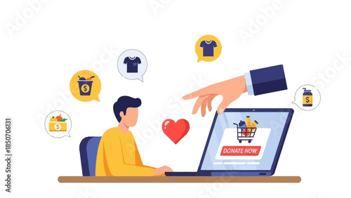 Online shopping and digital transaction illustration with a laptop and human interaction.