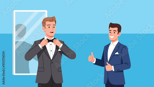 Two businessmen in tailored suits adjusting ties and conversing outdoors with a sea view backdrop.