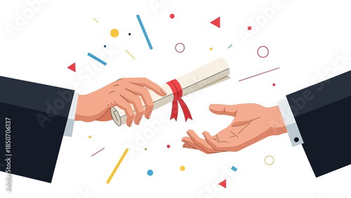 Two hands exchanging a rolled diploma during a formal ceremony illustrating achievement and recognition.