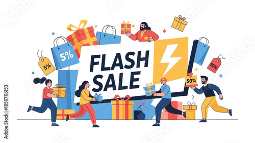 Vibrant Flash Sale Illustration with Shoppers, Gifts, and Promotions.