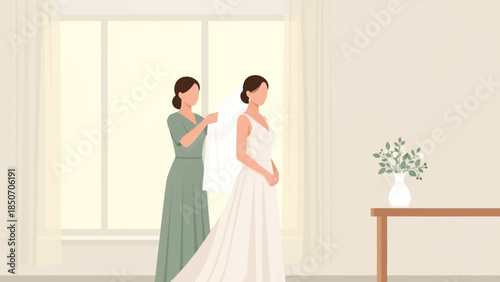 Two women assisting a bride in a bridal gown during wedding preparations indoors.
