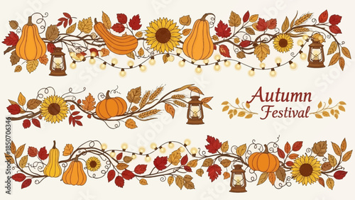Decorative Autumn Festival Border with Pumpkins, Gourds, Leaves, and Sunflowers.