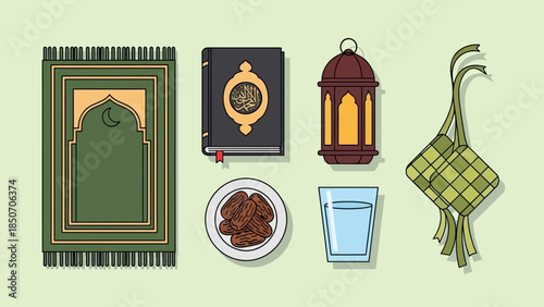 Collection of Islamic Prayer Items Including Quran, Lantern and Tea Ceremony Decor.