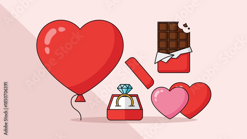 Romantic celebration featuring heart balloons, a ring in a box, and chocolates for Valentine's Day.