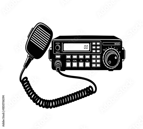 A detailed black and white illustration of a vintage handheld radio with a connected microphone