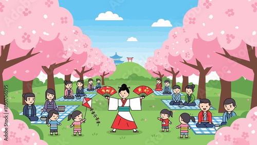 Vibrant spring park scene with families and friends enjoying a sunny day under blooming cherry trees.