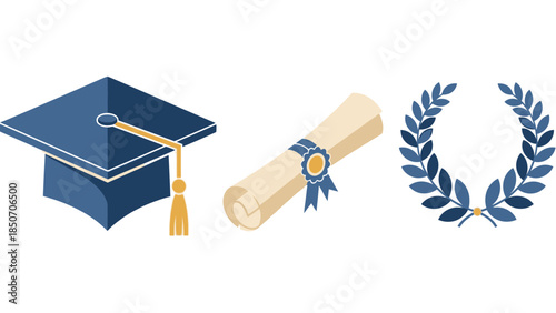 Icons of graduation cap, diploma, and laurel wreath symbolizing academic achievement and recognition.