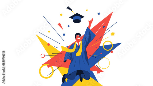 Joyful graduate in cap and gown celebrating achievement with colorful explosion.