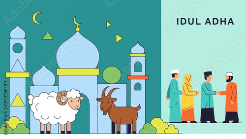 Religious Festival Scene At A Mosque With Sacrifice and Pilgrims.