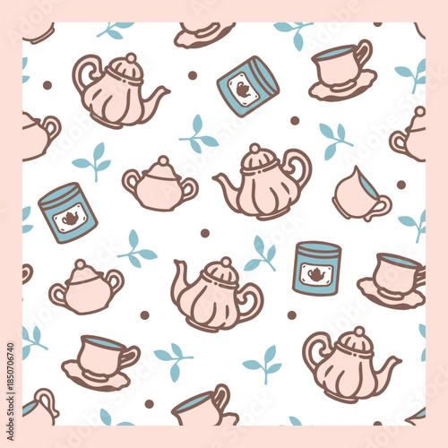 Sweet Vintage Cozy Tea Time Cute Crockery Pattern. Perfect for kitchen decor, tea packaging, cafe branding, textile, and wallpaper design. Cozy tea time pattern for drink lovers.