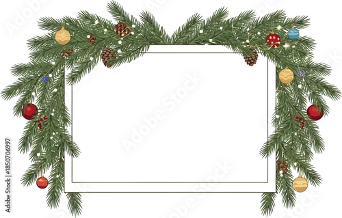 Luxurious Christmas frame made of fir branches, pinecones, berries and baubles with lights