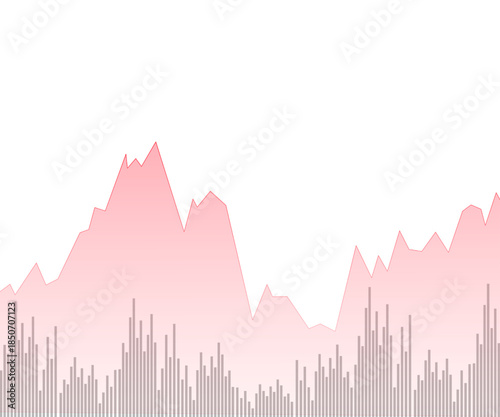 design of Financial chart combining a red area graph and grey volume bars on a white background. Data visualization for market trends, statistics and business performance reports concept.
