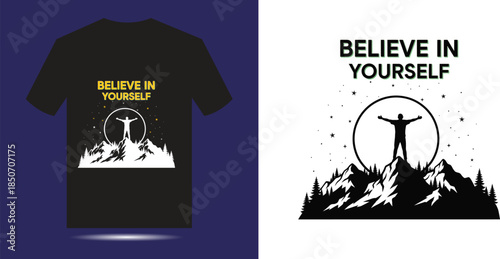 Black T Shirt With Believe In Yourself Slogan And Mountain tshirt