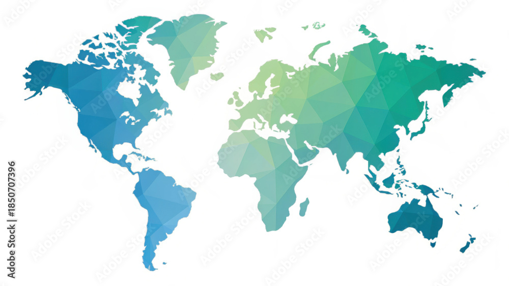 Fototapeta premium Minimalist geometric world map with soft blue and green gradients, abstract polygonal style, modern and clean design