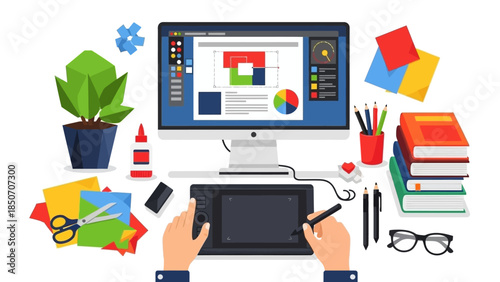 Creative office workspace featuring a tablet and monitor displaying a design layout with colorful stationery and plants.