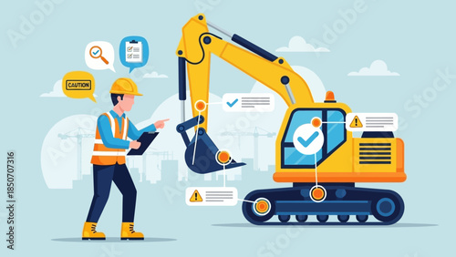 Construction Crew Operating an Excavator on a Busy Jobsite with Safety Gear and Planning Tablet.