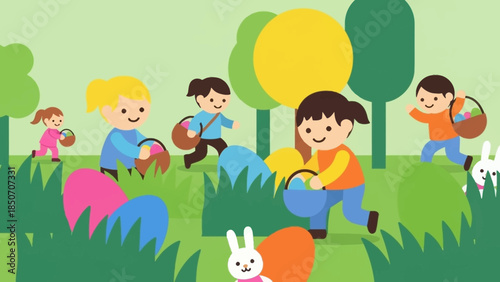 Joyful children playing in a sunny park with a rabbit and lush trees.