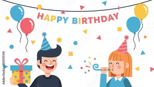 Two children celebrate a birthday with balloons, party hats, and gifts.