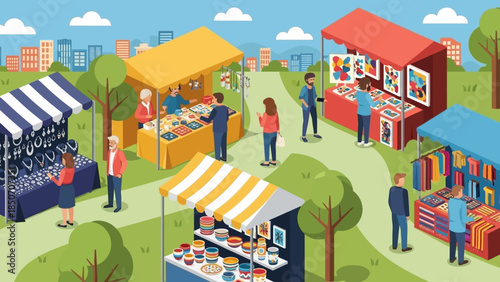 Vibrant outdoor market scene with colorful stalls, vendors, and shoppers enjoying a sunny day.