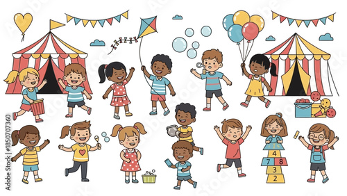 Children enjoying a lively outdoor carnival with balloons, tents, and colorful banners.