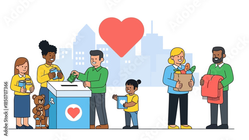 Community charity fundraiser with volunteers distributing aid to families and children at a heart themed outdoor event.