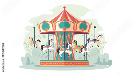 Colorful carousel at a sunny fairground with riders and smiling spectators.