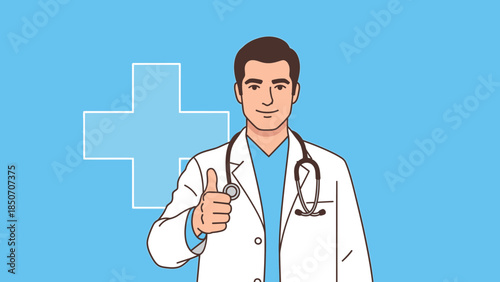 Friendly Doctor Illustration Giving a Thumbs Up in a Medical Scene.