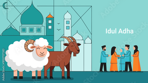 Idul Adha festival scene featuring sheep and bull in a city with a mosque and celebrating crowd.