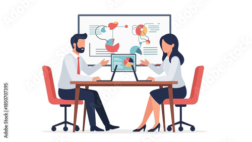 Collaborative business meeting with laptops and charts in a modern office.